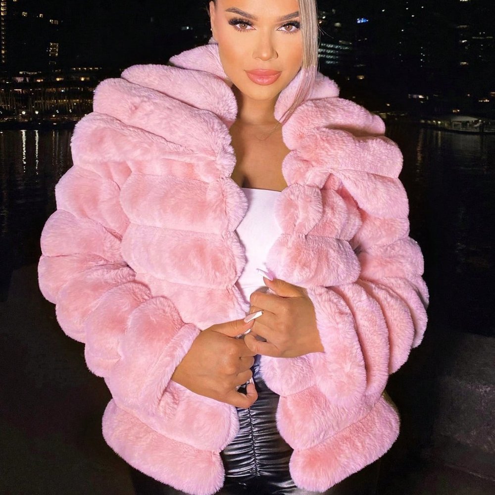 Dusty Pink Preppy Womens Open Front Fuzzy Jacket - Picture 3 of 5